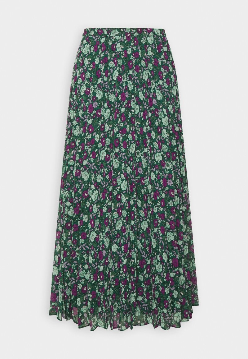 Blumen Midi-Rock mit grünem Grundton, verziert mit lila und weißen Motiven. Hergestellt aus leichtem Stoff, hat er ein plissiertes Design und einen elastischen Bund.