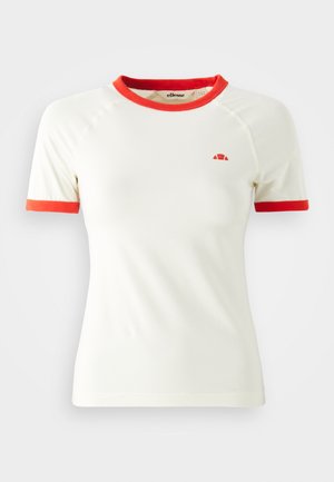 Kurzärmliges cremefarbenes T-Shirt mit rotem Ringer-Ausschnitt und Ärmeln. Verfügt über ein kleines Logo auf der Brust. Glattes Material, taillierte Passform.