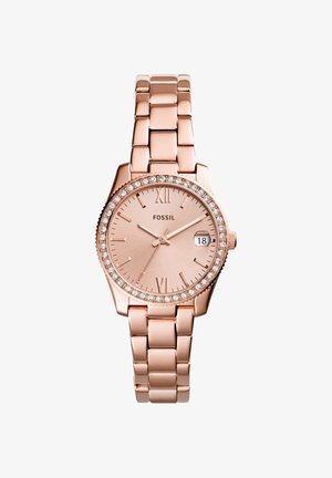 Montre-bracelet Fossil en or rose avec lunette ornée de cristaux, chiffres romains, trois aiguilles, affichage de la date à 3 heures et bracelet métallique à maillons.