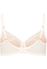 Vaaleanpunainen rintaliivi, jossa on pitsimäiset kupit, verkkomateriaali ja sileä alamerkki. Säädettävät hihnat kultaisella vivulla ja takaklipsi.