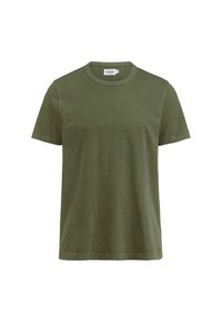 Olivengrünes Baumwoll-T-Shirt mit Rundhalsausschnitt, kurzen Ärmeln und lockerer Passform. Glatte Textur, keine sichtbaren Muster oder Akzente.