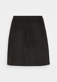 Svart mockaskirt med rak skärning. Slät textur, minimal sömnad och ett midjeband. Inga fickor eller dekorationer synliga.