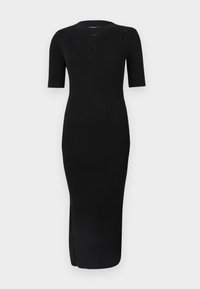 Svart, ribbad midiklänning med korta ärmar, med ovala utskärningar vid halsringningen och sidoflikar för ökad rörelsefrihet.