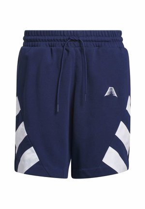 Marineblaue Sportshorts mit elastischem Bund und Kordelzug, mit weißen diagonalen Streifen an den Seiten und einem kleinen weißen Logo an der Vorderseite.