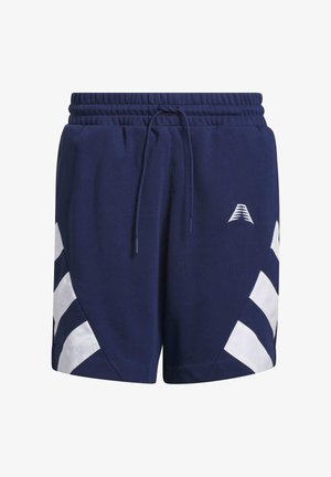 Marineblaue Sportshorts mit elastischem Bund und Kordelzug, mit weißen diagonalen Streifen an den Seiten und einem kleinen weißen Logo an der Vorderseite.