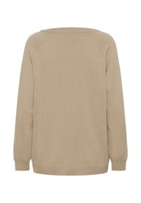 Beiger Strickpullover mit langen Ärmeln, gerippten Bündchen und Saum, im lässigen Schnitt und mit weitem Ausschnitt. Schlichte Textur, keine Muster.