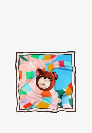 Hedvábný šátek v živých barvách s motivem kreslené medvědí hlavy na abstraktním pozadí tvarů. Okraje zdobí kontrastní hnědý lem.
