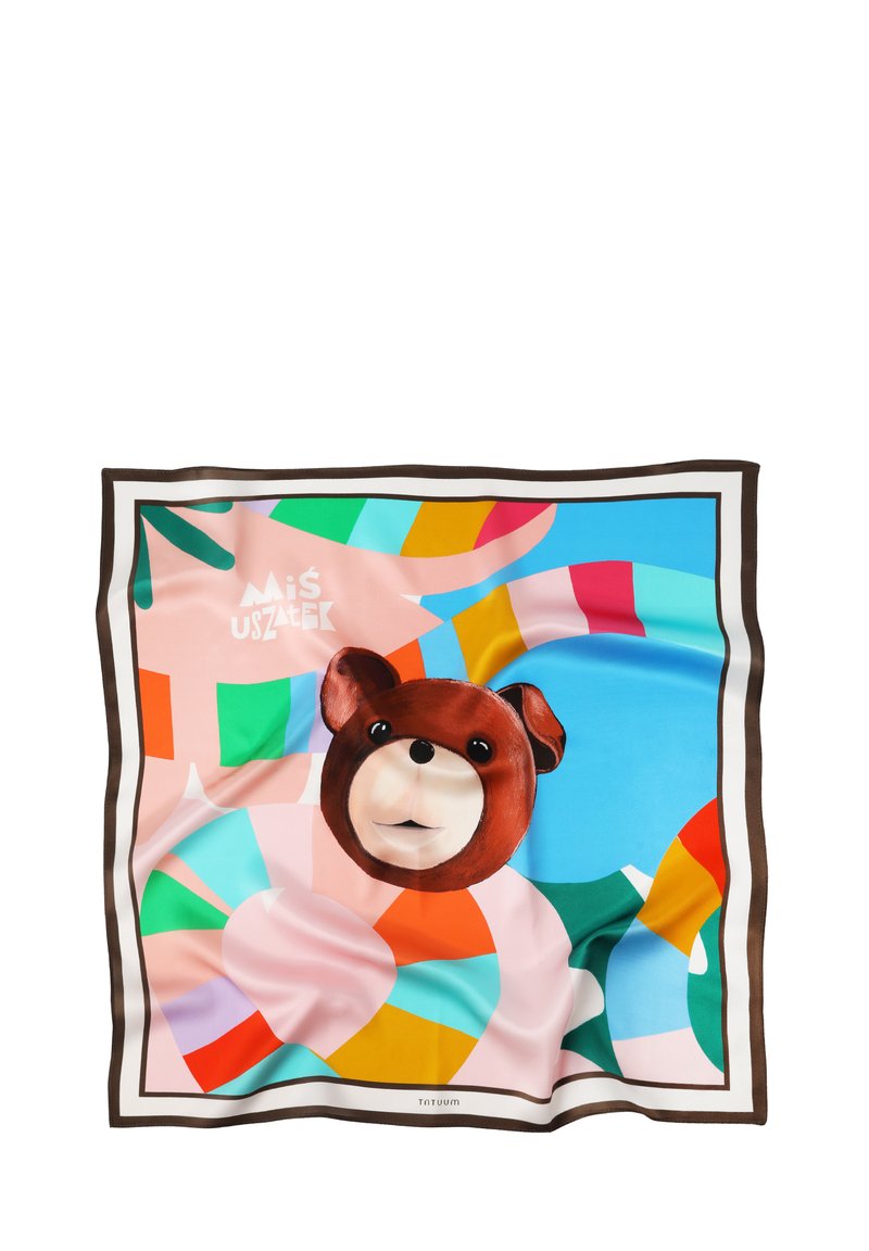 Eșarfă de mătase în culori vibrante, cu fața unui ursuleț desen animat pe un fundal abstract de forme. Marginile au o bordură maro contrastantă.