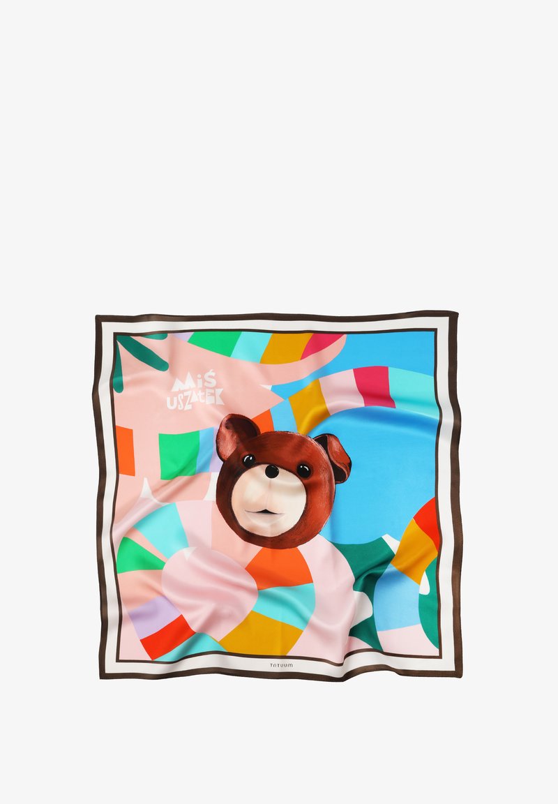 Eșarfă de mătase în culori vibrante, cu fața unui ursuleț desen animat pe un fundal abstract de forme. Marginile au o bordură maro contrastantă.