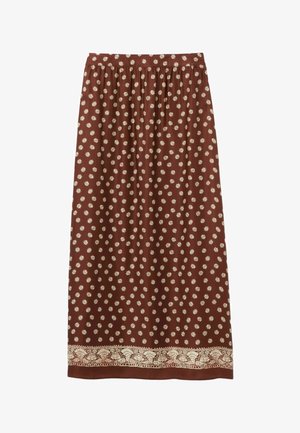 Gonna midi marrone con piccoli motivi floreali bianchi e un'ampia bordatura di intricati disegni floreali lungo l'orlo.