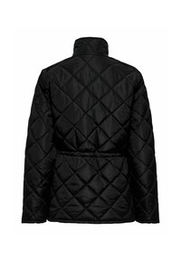 Veste noire matelassée avec un col montant, taille élastique et motif de diamants en diagonale sur tout le tissu. Fini texturé.