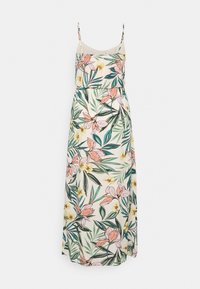 Sleeveless maxi dress with thin straps, featuring a tropical floral print in pink, yellow, and green on a cream background.