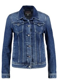 Denim jacket in dark blue, featuring a collar, two chest pockets, metal buttons, and vertical stitching lines along the front and back.