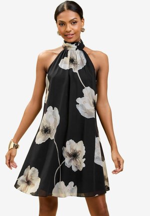 Lipsy REGULAR FIT - FLORAL PRINT HALTER MINI SWING - Freizeitkleid - black white