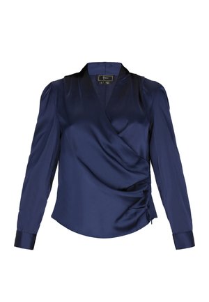 Blusa envolvente de manga larga azul marino con escote en V, ligeras fruncidas en los hombros, puños ajustados y fruncido lateral en una tela suave.