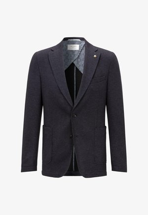 Dunkelgrauer Blazer mit zwei aufgesetzten Fronttaschen, Revers mit Kerb, Zweiknopfverschluss und einem gemusterten Innenfutter, das am Kragen sichtbar ist.