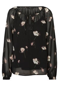 Schwarze, transparente Bluse mit floralem Druck in sanftem Rosa und Grün. Mit gerafftem Ausschnitt, Bindeband und langen, elastischen Ärmeln.