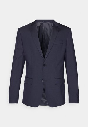 Veste de costume bleu marine en tissu lisse, dotée de deux boutons, de revers crantés et de deux poches avant avec un design élégant et ajusté.