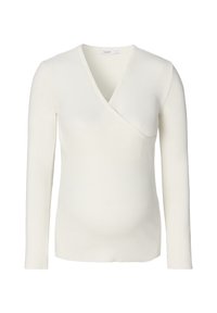 Langsleeve, v-hals top van zacht, geribbeld wit stof. Kenmerkt een crossover ontwerp aan de voorkant, op maat gemaakt voor een aansluitende silhouette.