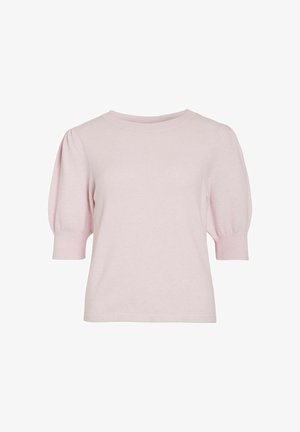 Lys rosa kortermet genser med puffede ermer og ribbestrikkede mansjetter og halskant.