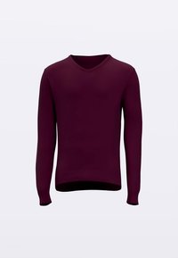 Maglione bordeaux a scollo a V realizzato in tessuto a maglia con maniche lunghe e orlo a coste. Texture liscia con un design aderente.