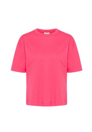 T-shirt corto a maniche corte di colore rosa brillante, realizzato in cotone morbido. Presenta un collo rotondo e una vestibilità rilassata e ampia, con dettagli di cucitura minimi.