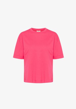 Heldere roze T-shirt met korte mouwen, gemaakt van zachte katoen. Beschikt over een ronde hals en een ontspannen, boxy pasvorm met minimale stikdetails.
