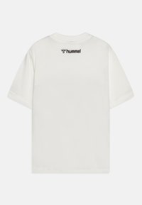 White short-sleeve cotton t-shirt shown from the back with small black hummel logo and bee icon at the upper center below the neckline.