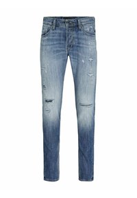 Jeans de mezclilla azul claro con un acabado desvaído, que presentan detalles rasgados, costuras visibles y un corte recto.