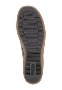Semelle de chaussure en caoutchouc noir avec des rainures texturées, présentant un bord marron clair et un logo en relief. Taille indiquée comme 37.