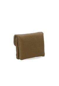 Small folded brown leather wallet with textured surface, shown at an angle on a white background.