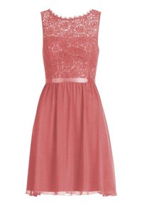 Růžové šaty s krajkovým živůtkem a splývavou, poloprůhlednou sukní s saténovým pasem. Bezevové provedení a květinový krajkový vzor.