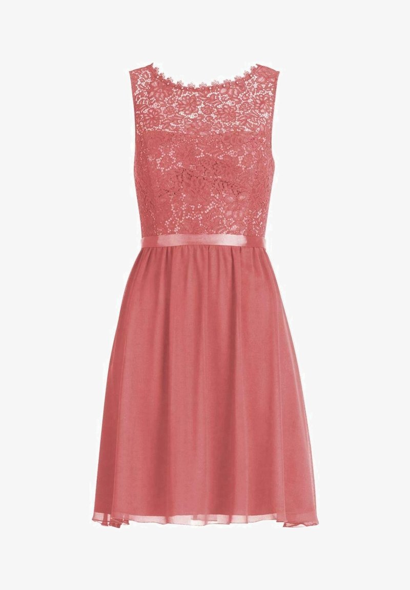 Růžové šaty s krajkovým živůtkem a splývavou, poloprůhlednou sukní s saténovým pasem. Bezevové provedení a květinový krajkový vzor.