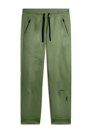 Pantaloni jogger verde oliva con coulisse nere, tasche frontali con zip inclinate, vita elastica e polsini alle caviglie, logo vicino alla caviglia sinistra.