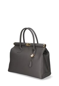 Borsa a tracolla in pelle grigia con texture, doppi manici, hardware dorato, chiusura superiore e un piccolo dettaglio di lucchetto sul lato.