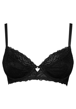 Sort blonde bh med hjerteformet udskæring i midten. Har justerbare stropper og bølgede kanter, samt et tekstureret zigzag-mønster.