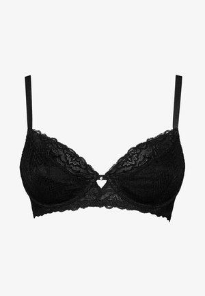 Mustat pitsitopit, joissa on sydämenmuotoinen aukko keskiössä. Varustettu säädettävillä olkaimilla ja lovitetuilla reunoilla sekä teksturoidulla siksak-kuviolla.