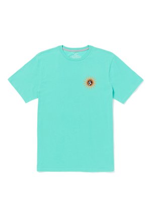 Turquoise cotton t-shirt with short sleeves and a crew neck. Features a black and orange sunburst graphic on the left chest.