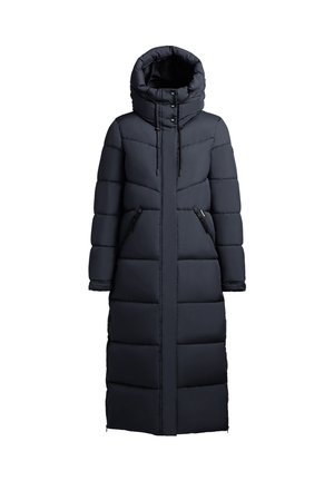 Dlouhá černá péřová bunda s vysokým límcem a kapucí, se zipovým uzávěrem, dvěma bočními kapsami a horizontálním prošíváním.