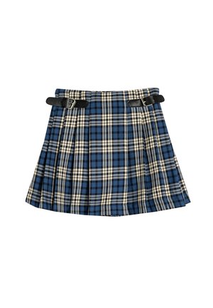 Kilt en tartan bleu et crème avec des plis, doté de sangles de fermeture noires de chaque côté. Fabriqué en tissu tissé avec une finition texturée.