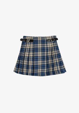 Kilt a cuadros azul y crema con plisados, que presenta correas de sujeción negras a cada lado. Fabricado en tejido tejido con un acabado texturizado.