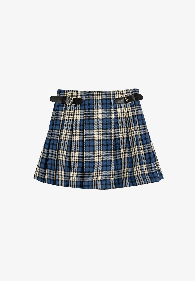 Blauwe en crèmekleurige geruite kilt met plooien, voorzien van zwarte sluitstraps aan elke kant. Gemaakt van geweven stof met een gestructureerde afwerking.