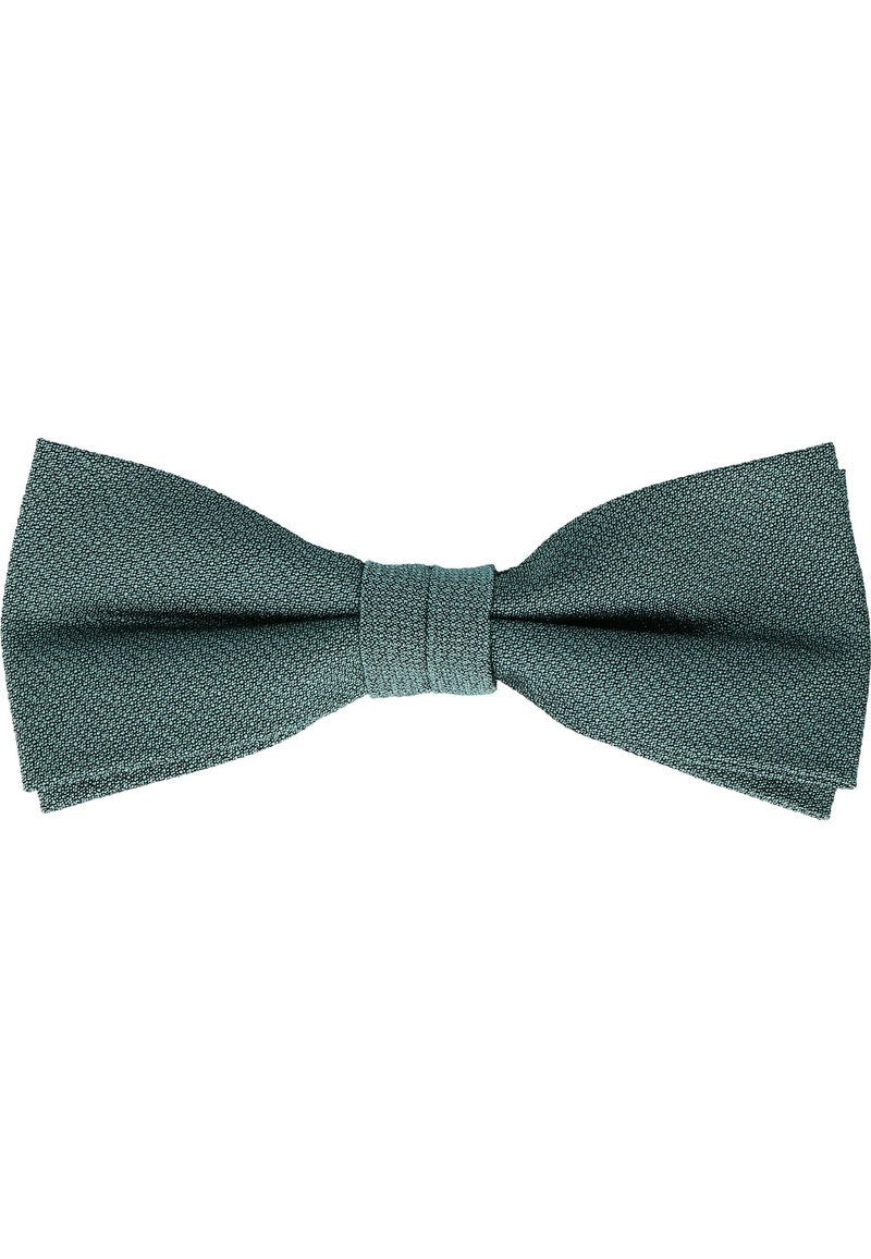 Textured dark teal bow tie with a central knot. Features a classic symmetrical design and soft fabric. Suitable for formal occasions.