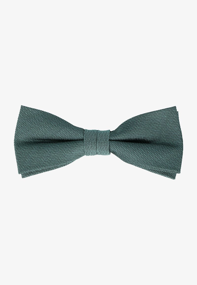 Textured dark teal bow tie with a central knot. Features a classic symmetrical design and soft fabric. Suitable for formal occasions.