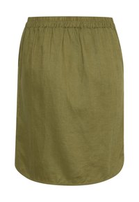 Jupe vert olive en lin, avec une taille élastique, longueur au genou, présentant une texture lisse et un design simple et sans ornement.
