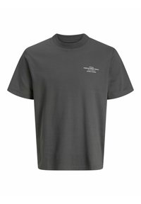 Dark gray short-sleeve t-shirt featuring white text on the chest that includes brand details and "Designed in Denmark."