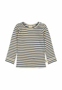 Langarmshirt in Creme mit marineblauen horizontalen Streifen. Gerippte Textur, runder Ausschnitt und seitliches Etikett. Geraffte Bündchen.