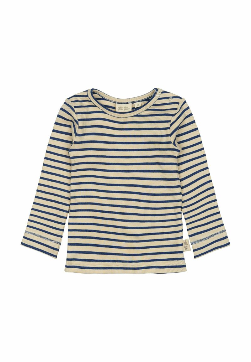Langarmshirt in Creme mit marineblauen horizontalen Streifen. Gerippte Textur, runder Ausschnitt und seitliches Etikett. Geraffte Bündchen.