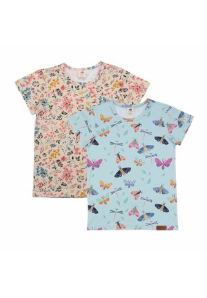 Two short-sleeve children's t-shirts, one cream with colorful floral print, the other light blue with multicolored butterflies and dragonflies.
