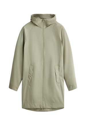 Light green, knee-length jacket with a zippered front, hood, and two side pockets. Made from smooth, water-resistant material.